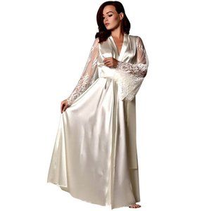 Silky Satin Off White Bathrobe With Elegant Flared Lace Sleeves